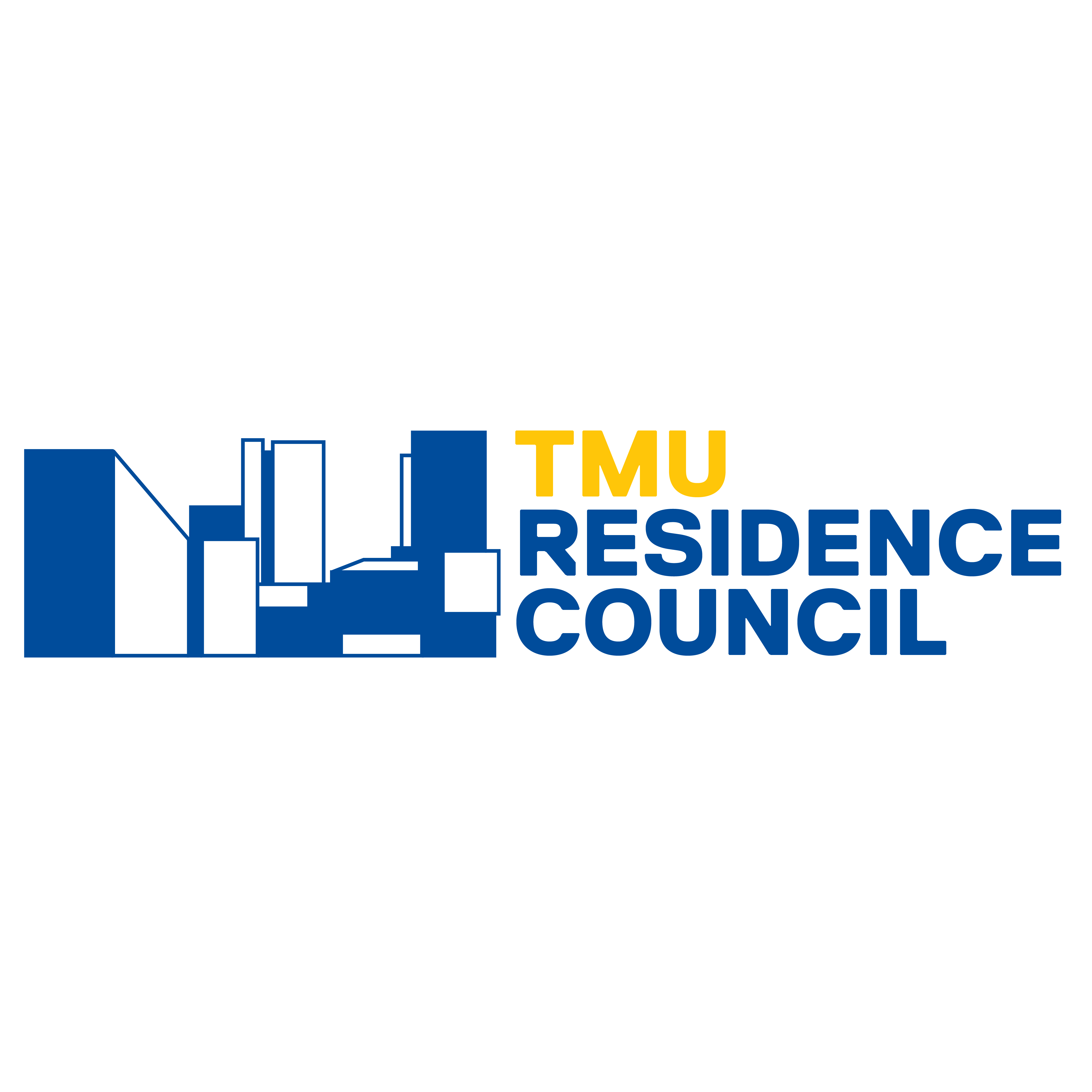 TMU Residence Council logo in blue and yellow writing with image of buildings